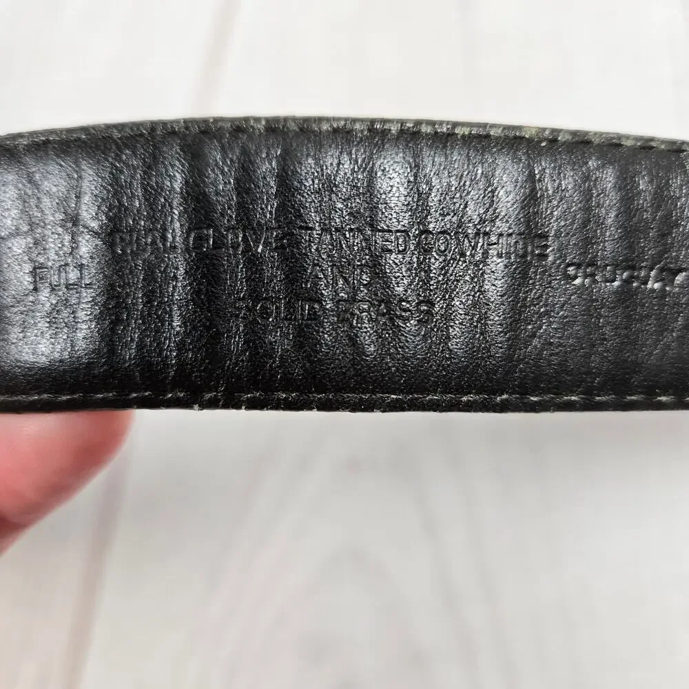 Vintage 90s Leather Belt Brass Buckle Brown Gold L/ XL